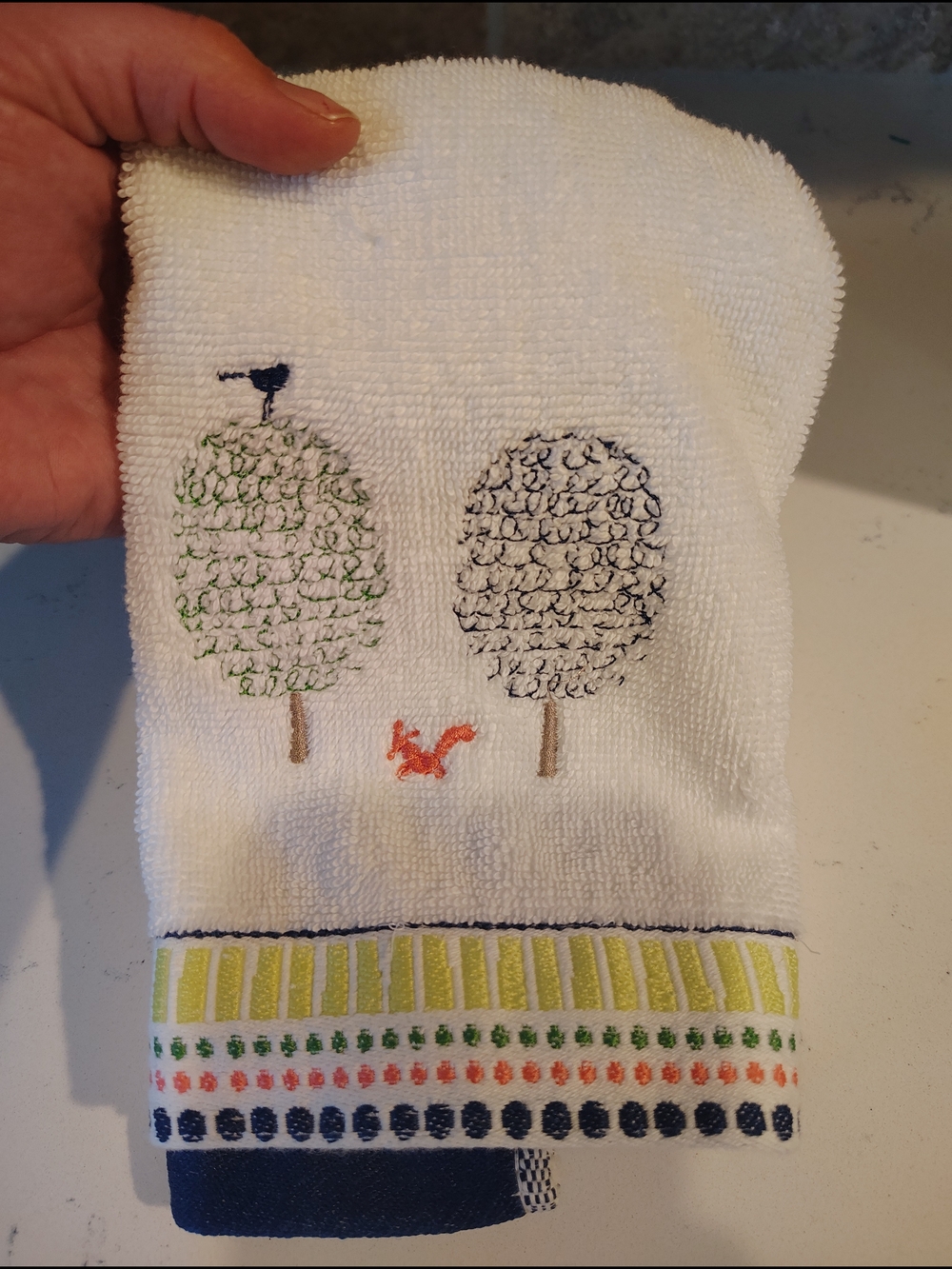 kate spade White Terry Hand Towel with Gold Logo Tag, Fingertip Size.
